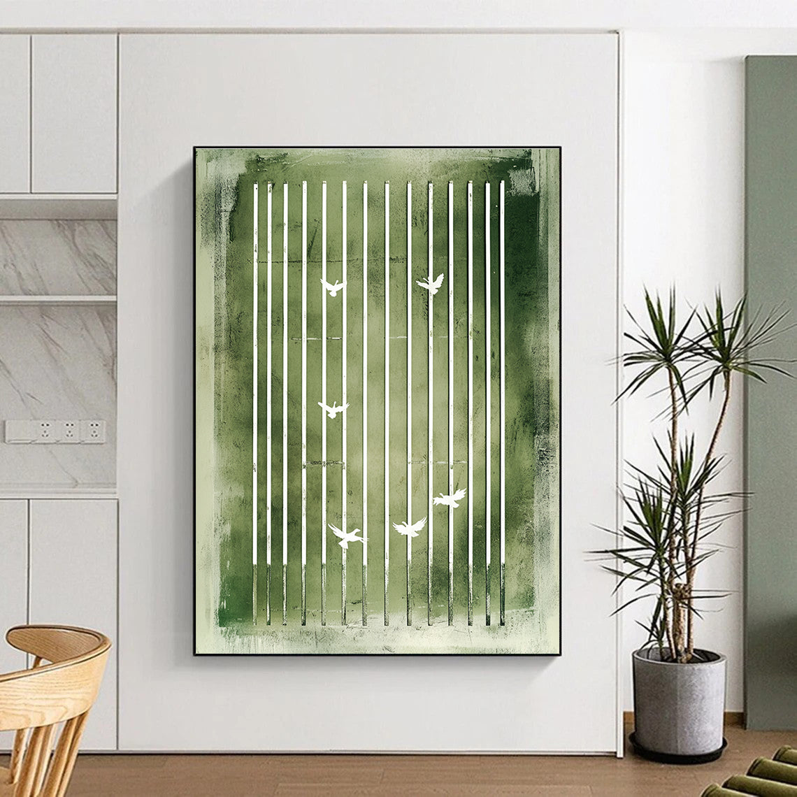 Green Bars and White Birds Symbolic Abstract Art GAB0377