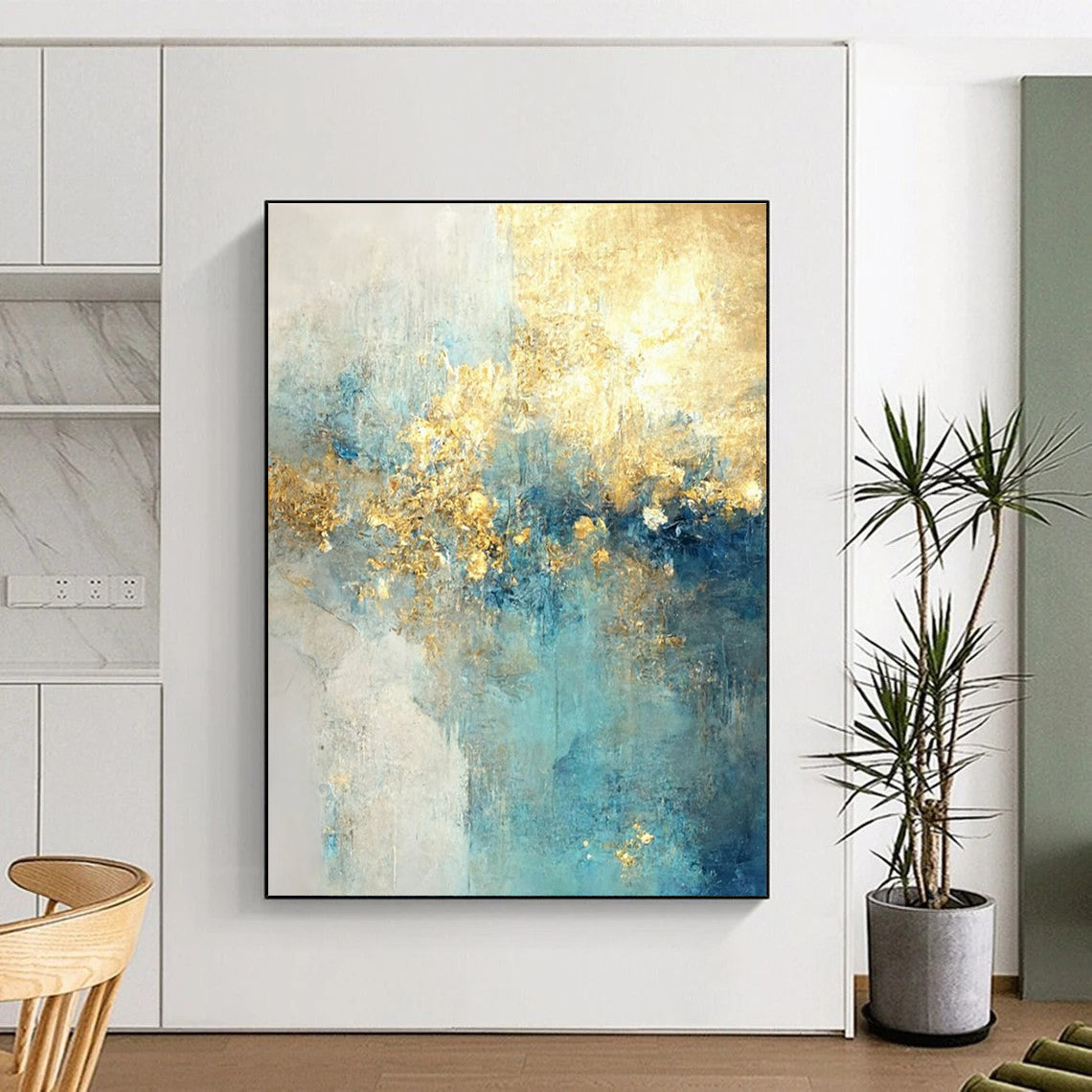 Blue - Gold Abstract Landscape Painting for Coastal Home Offices HENG077