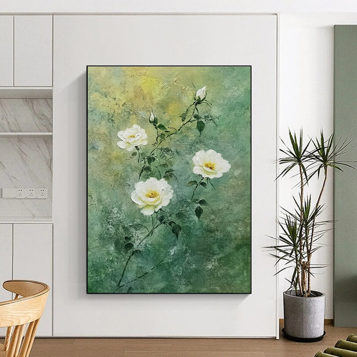 White Roses on Green Delicate Abstract Painting for Fresh Interiors GAB1538